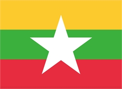 [ai] The national flag of Myanmar featuring horizontal stripes of yellow, green, and red with a white five-pointed star in the center.
